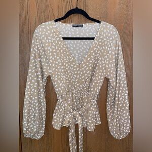 Cute Dotted SHEIN Tan Blouse with Removable Tie Belt Size M
